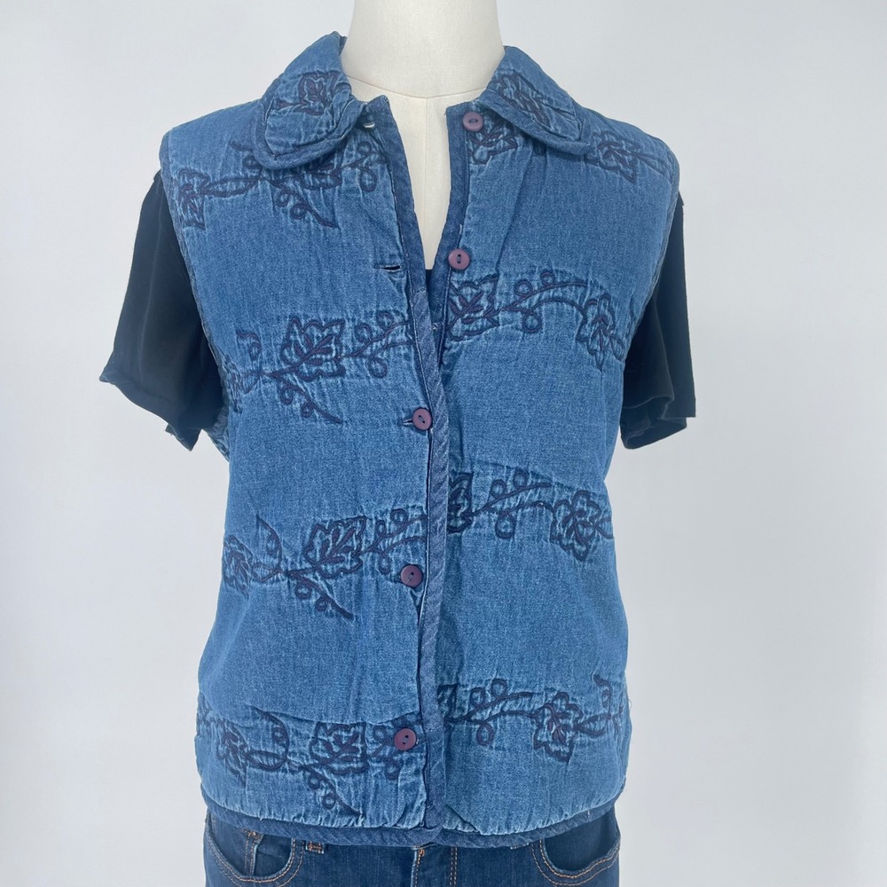 Vintage 90s Paul Harris Design Cotton Denim Women's Small Vest Embroidered Blue